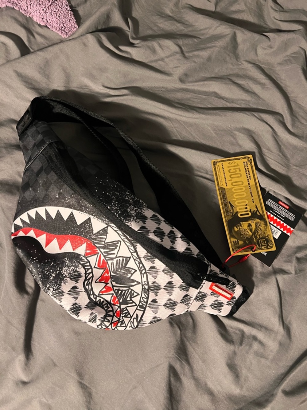 Sprayground Black White Sling Belt Bag with Red Accent Shark